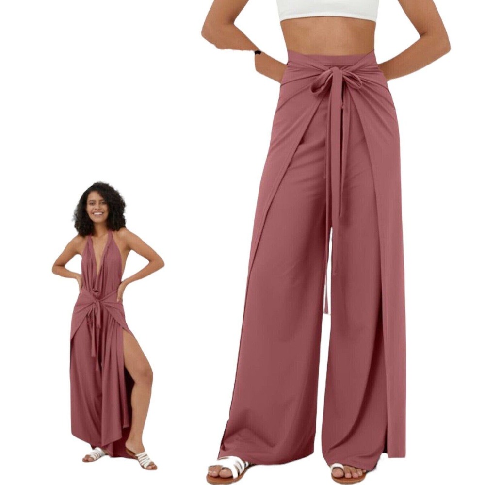 Halara 2 Ways To Wear Wrap Palazzo Pants / Cowl Neck Split Leg Jumpsuit Rose XL